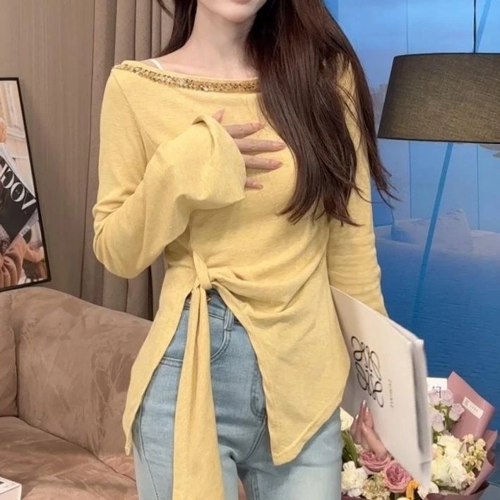 洋气新款辣妹显瘦短款长袖打底衫内搭露肩修身不规则气质T恤女