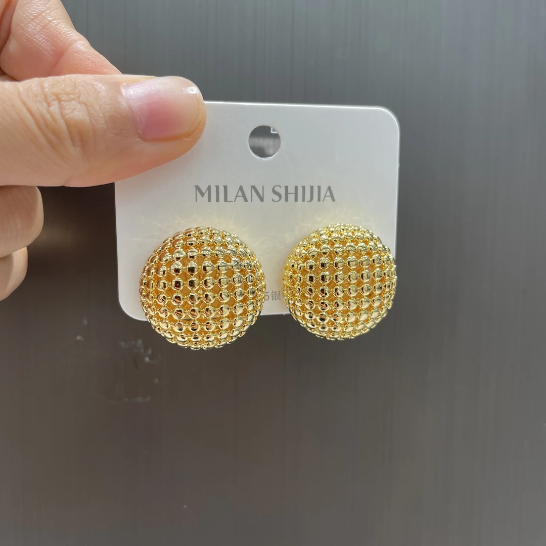 铜合金耳饰 复古版纽扣镂空几何耳钉小众女精美金色千金风精致
