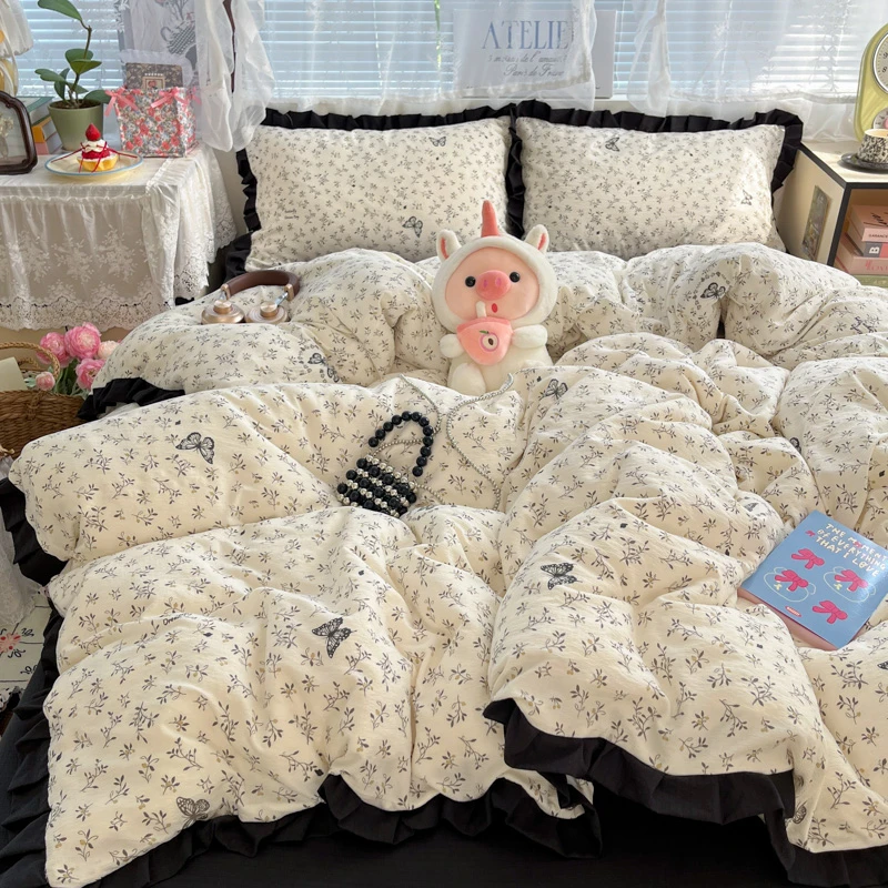 韩版新款皱皱纱双层纱公主风花边印花款床上四件套学生宿舍三件套
