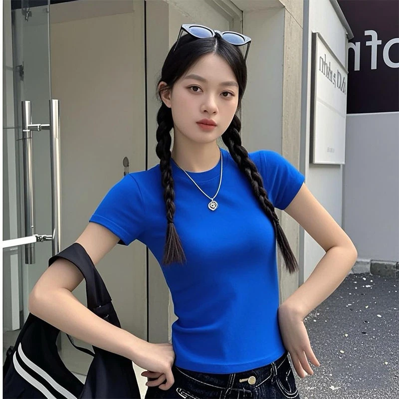 克莱因蓝正肩t恤女短袖短款辣妹上衣夏装棉质修身体恤高腰打底衫