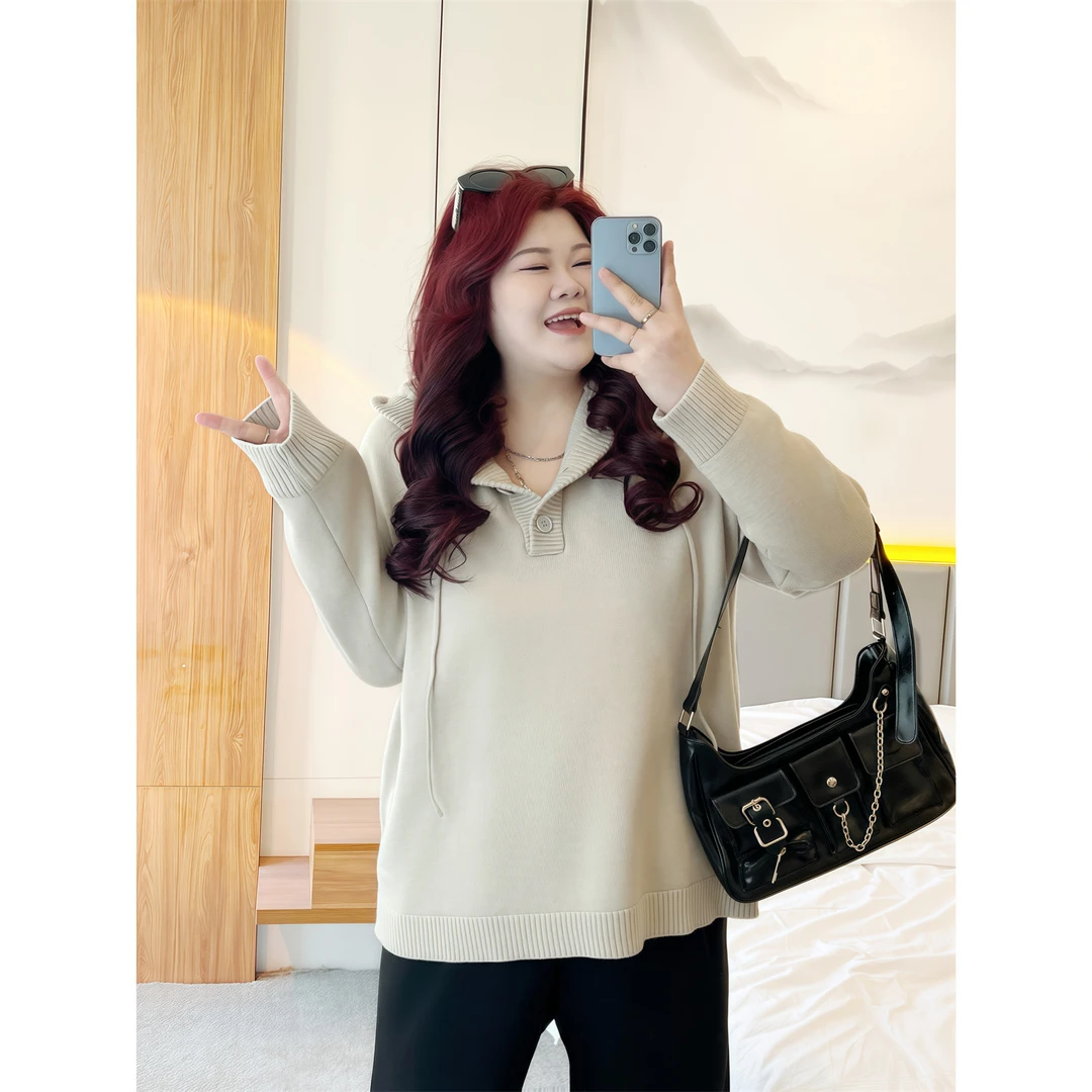 断码捡漏~巴黎破晓 / 休闲宽松连帽简约针织衫13617胖MM200斤