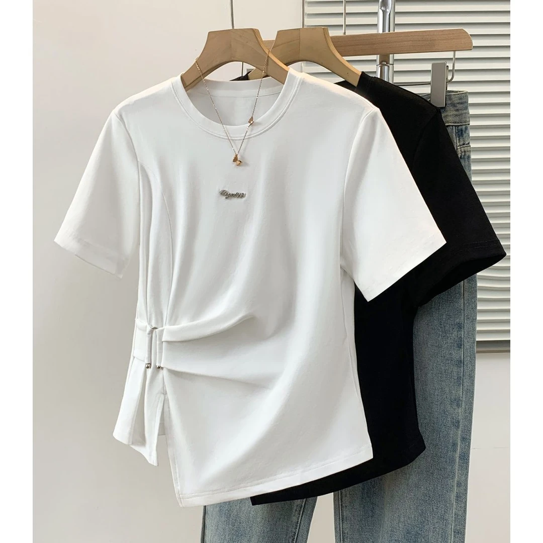 棉大码正肩纯欲风显瘦褶皱短袖T恤女装设计感辣妹开叉显瘦上衣ins