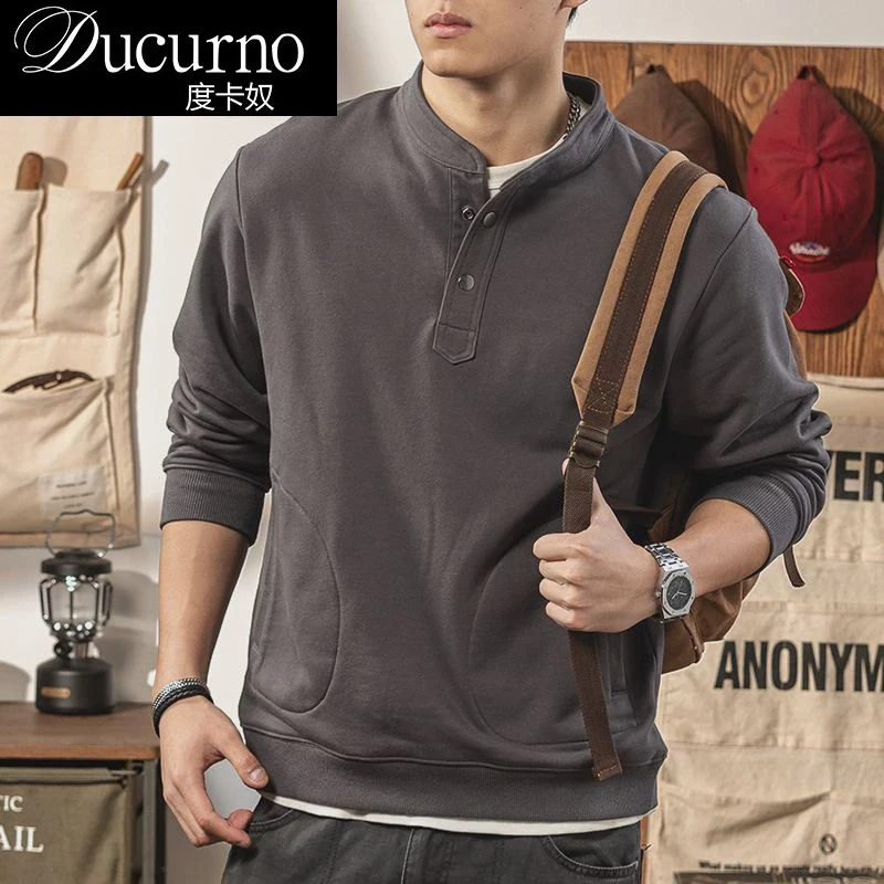 灰色男士长袖纯棉亨利领休闲卫衣2025年秋季户外毛圈正肩内搭上衣