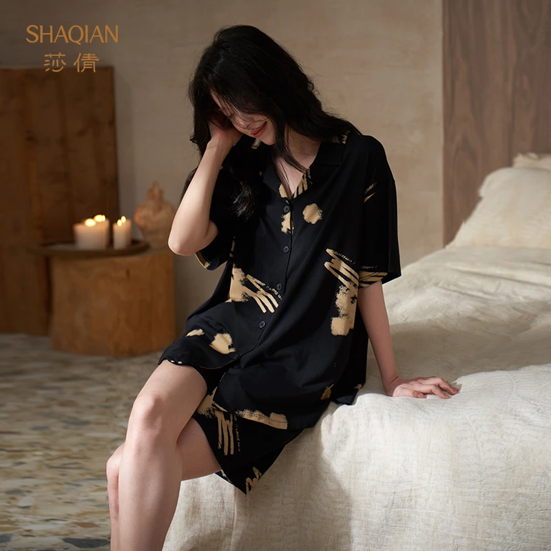 莎倩夏季女士睡衣2025年新款莫代尔棉黑色凉感短袖套装冰丝可外穿