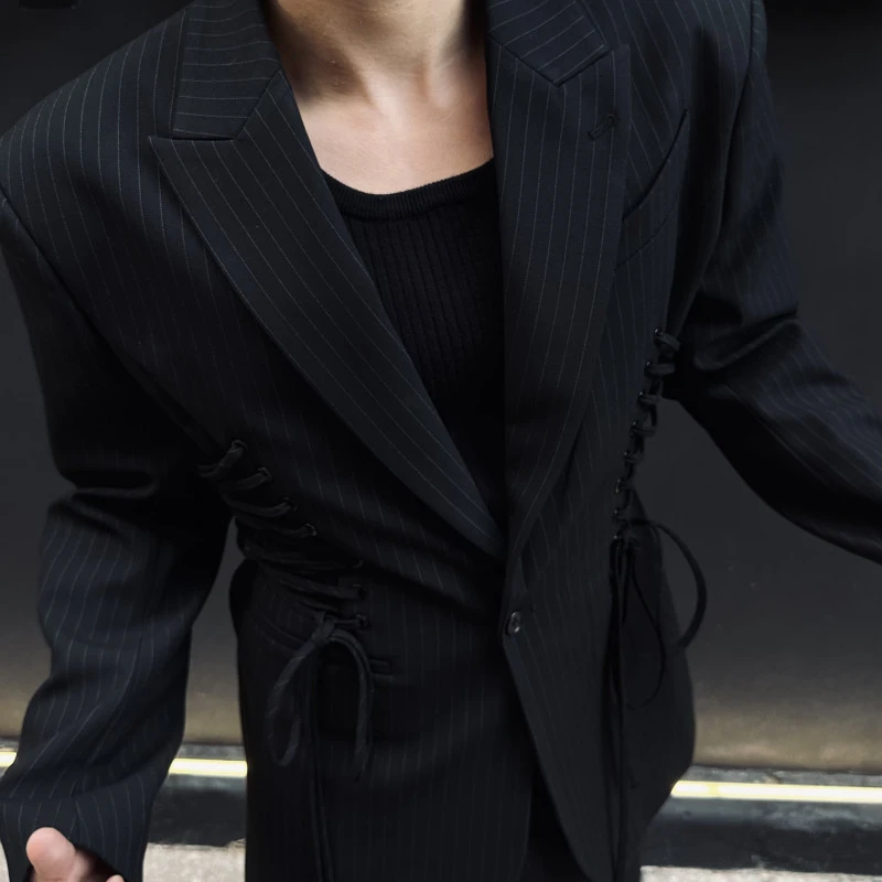 【FANG BH】男士高级定制交叉编织带时尚收腰轻奢腔调条纹西装套装