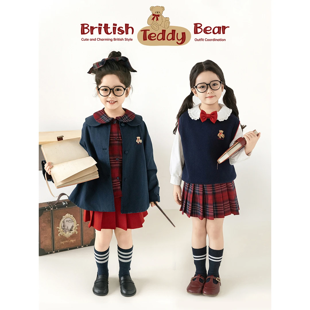幼悠女童秋装小熊绣花学院风套装可爱超萌儿童衣服潮Q4463 Q4464