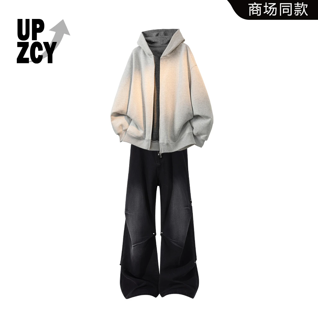 UPZCY美式复古潮流连帽卫衣套装2025冬季新款水洗阔腿弯刀牛仔裤