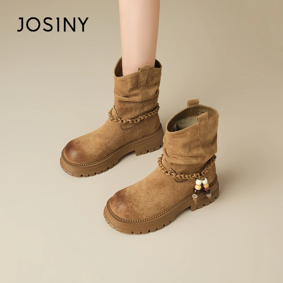 卓诗尼2025秋季新款复古堆堆靴厚底西部靴女短靴增高马丁靴骑士靴