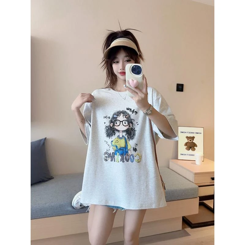 80268 夏季新款卡通眼镜女孩中长款大码圆领短袖休闲女T恤