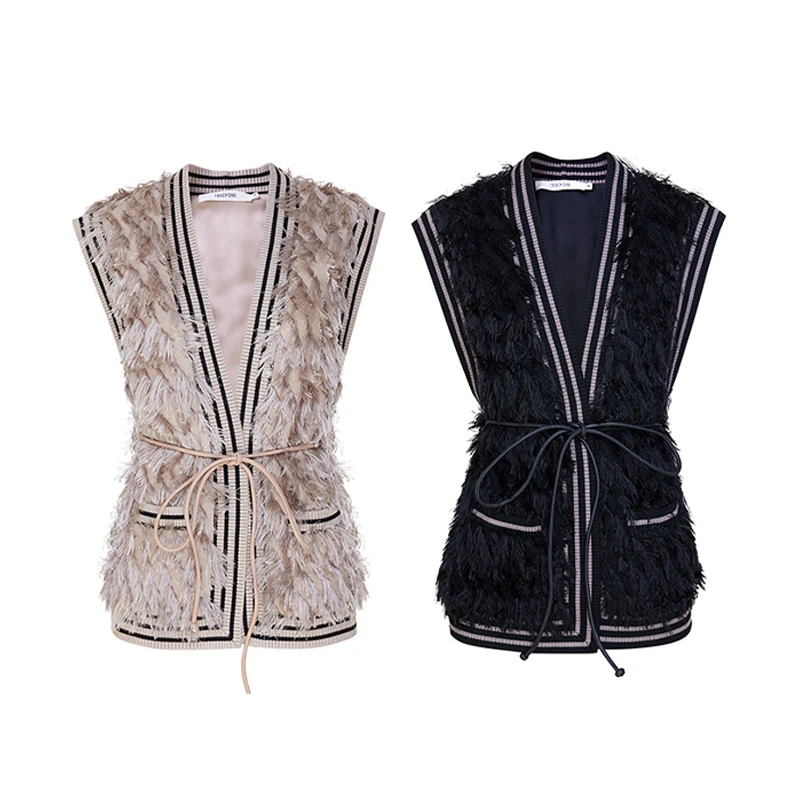 TRACY CHU黑色/米色限量皮腰绳休闲马甲高级老钱风松弛感冬季新品