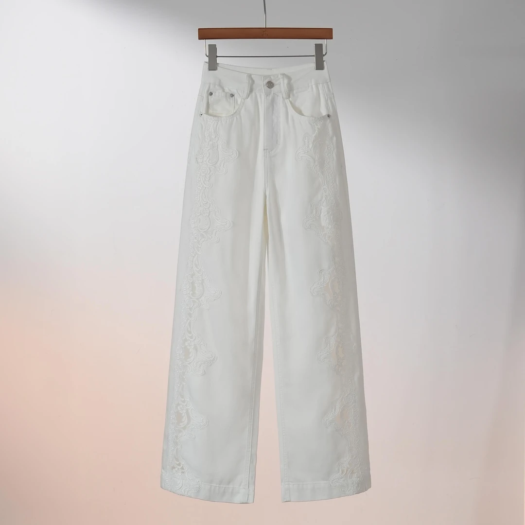 西子/【蕾丝白牛】莱赛尔棉镂空水溶蕾丝拼接月光白长裤/KZXS057