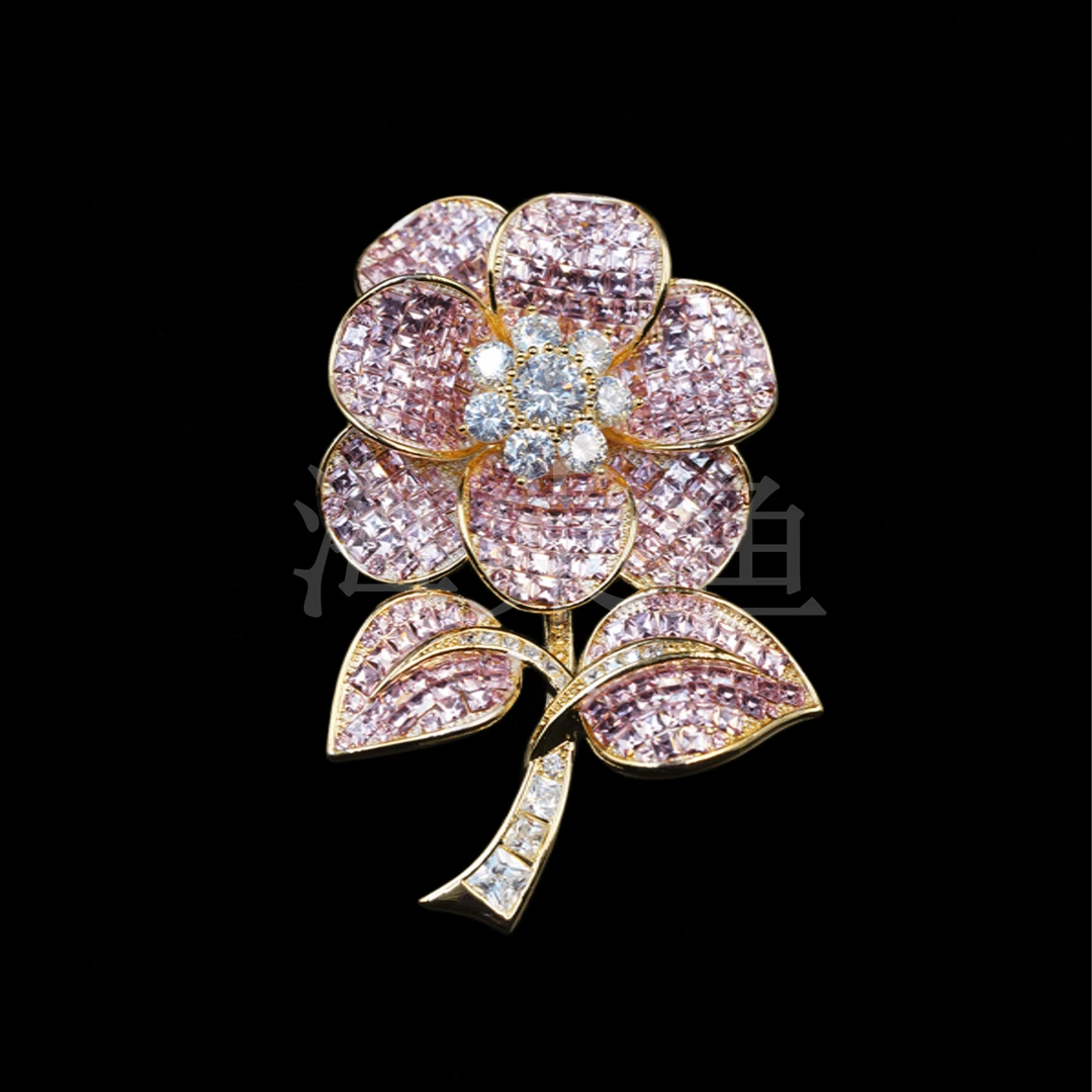 铜合金仿水晶胸针 时尚气质百搭粉色花朵胸针6387