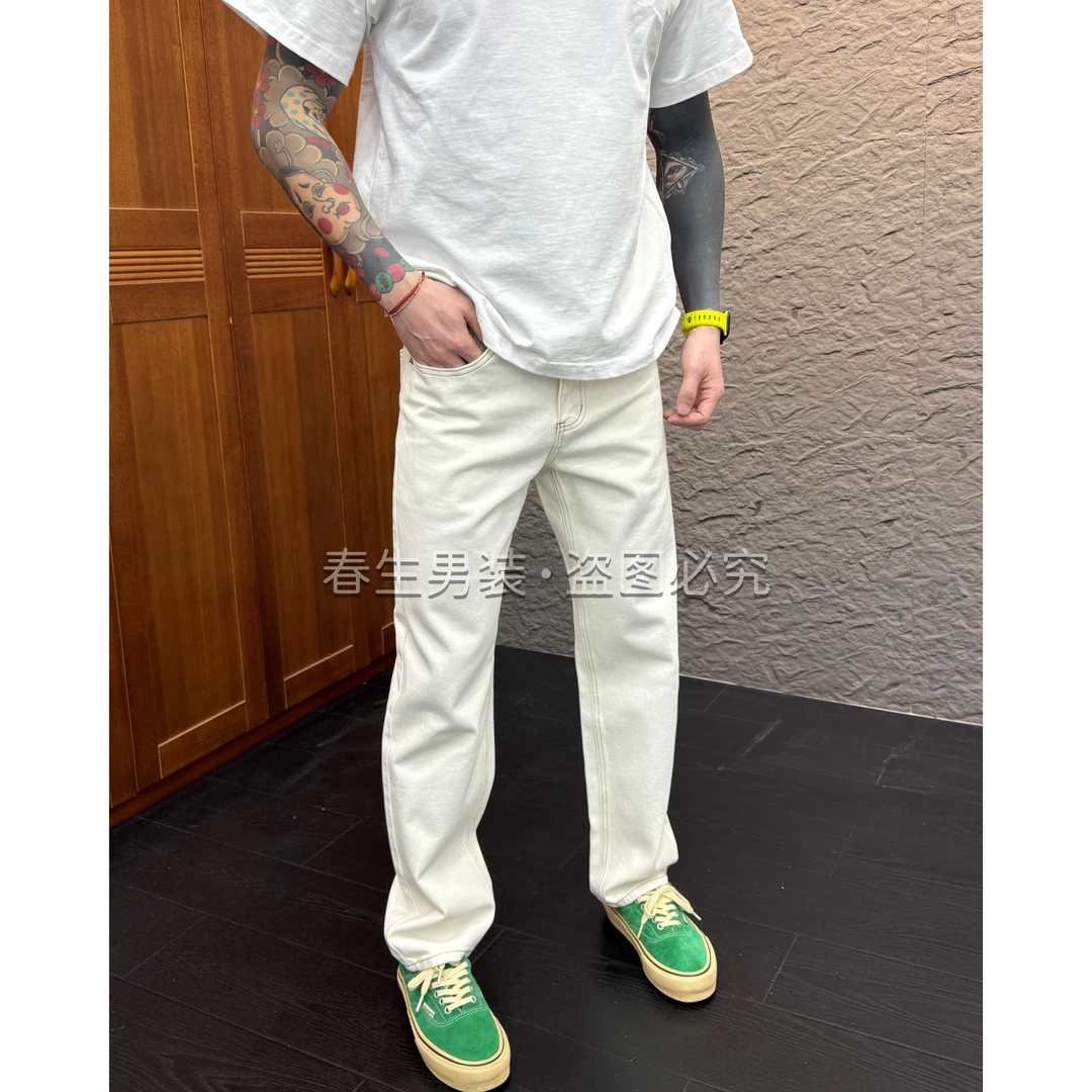 2025秋冬新款时尚休闲百搭净版直筒米白色男士牛仔裤3098