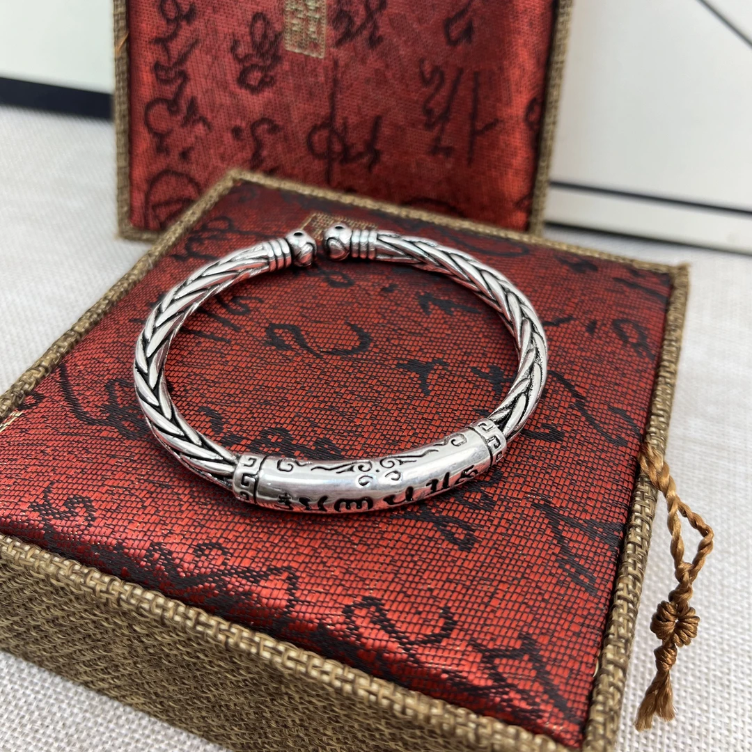 足银手镯 999.9【S066】31g开口 描黑做旧缠绕镯