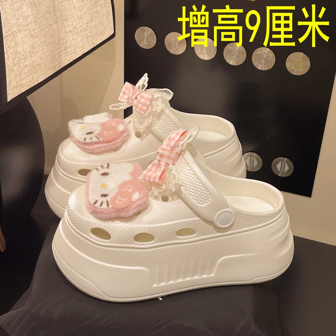 蝴蝶结凯蒂猫厚底增高洞洞鞋女款2025年夏季户外防滑软底凉拖鞋潮