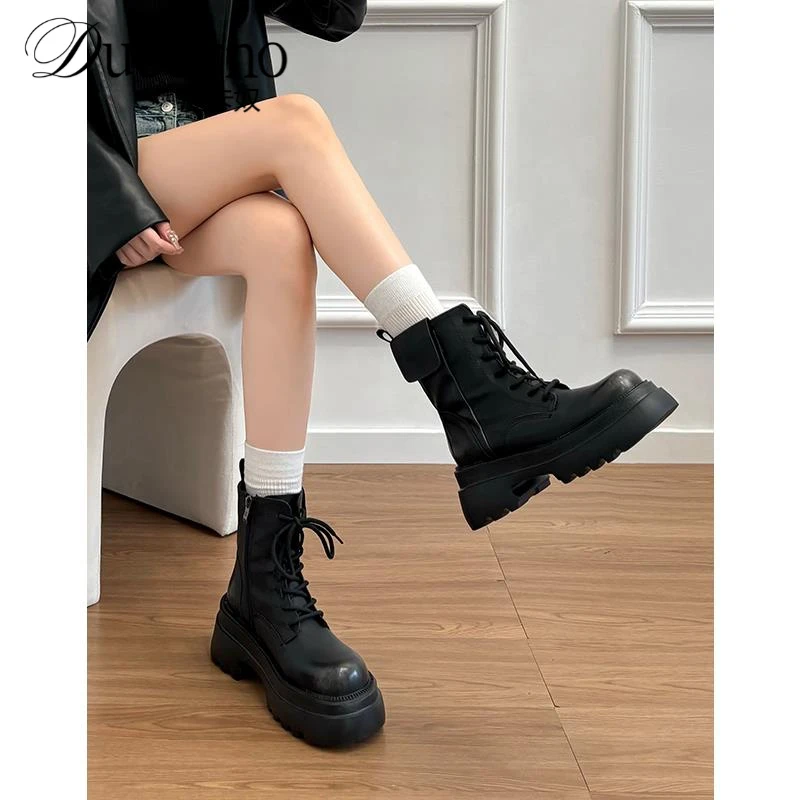 牛皮版~真皮覆古松糕厚底圆头机车靴马丁靴女2025新款英伦风短靴