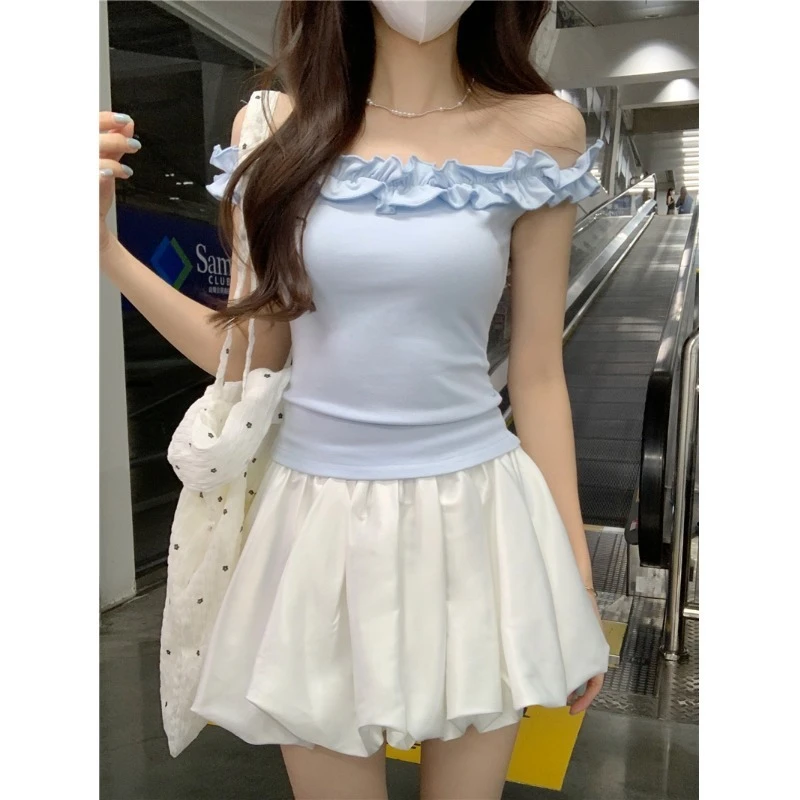 纯欲风常规常规款木耳边短款T恤小众夏季方领辣妹