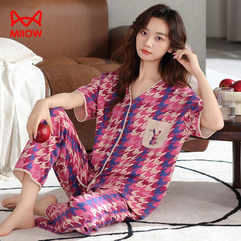 猫人经典纯棉睡衣女千鸟格开衫短袖长裤两件套可外穿夏款家居服
