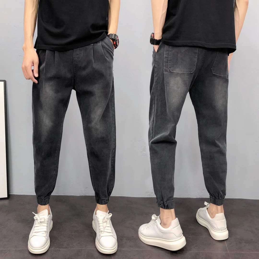 男士休闲牛仔裤男黑色夏季宽松九分裤韩版潮流浅色哈伦抽绳束脚裤