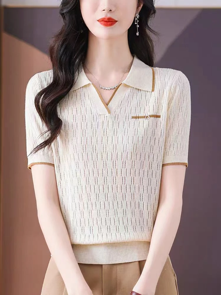 短袖纯色女夏季翻领薄款毛针织衫百搭上衣气质宽松修身针织衫
