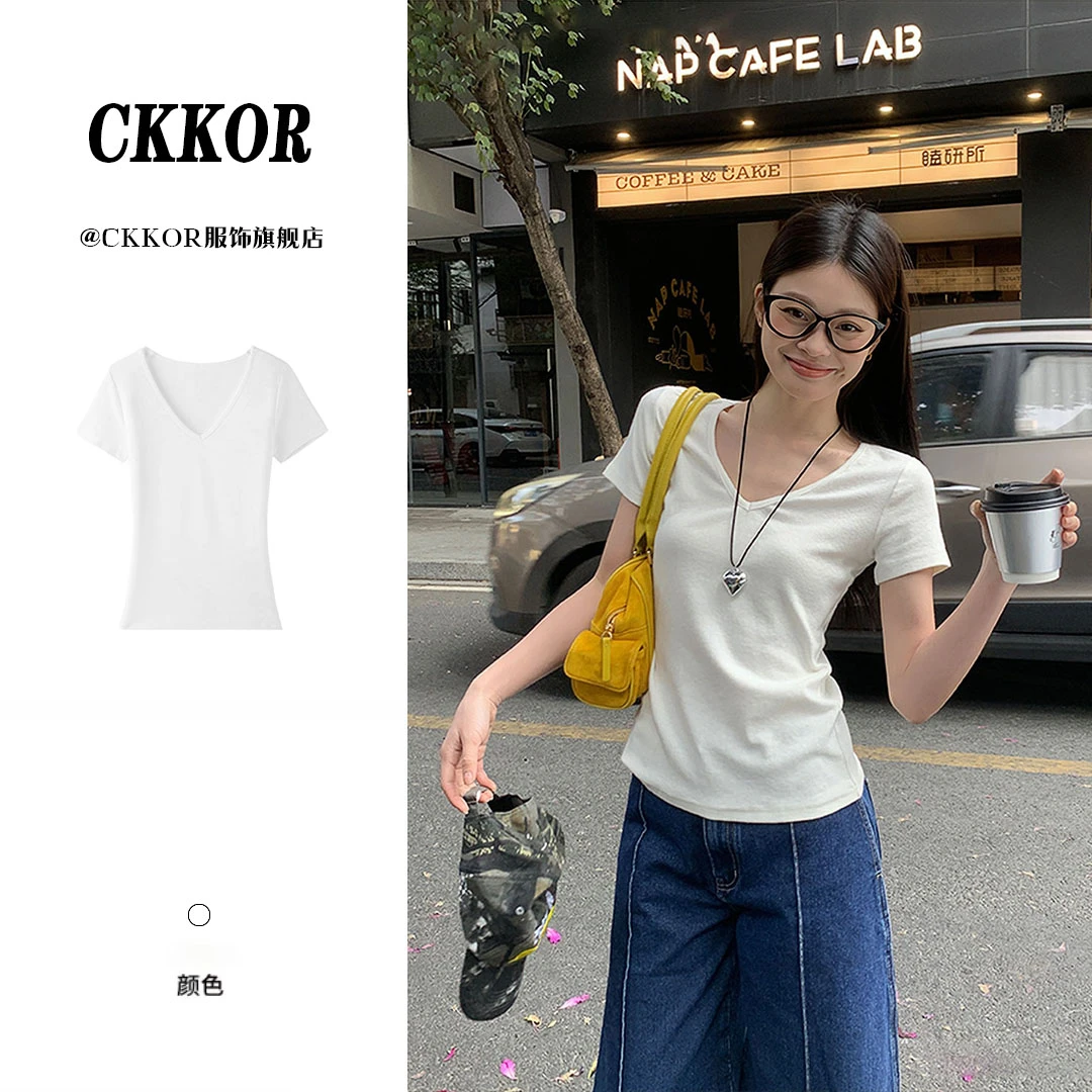 CKKOR韩版慵懒风显瘦白色短袖t恤女夏季新款百搭修身小v领上衣服