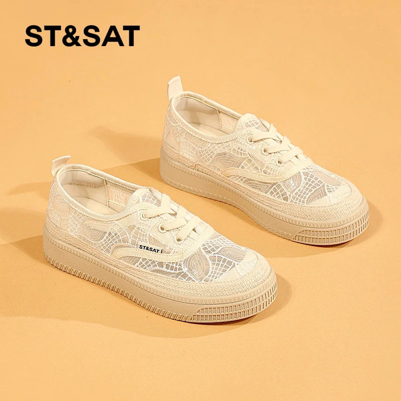 星期六渔夫鞋女2025春季新款蕾丝网面透气薄款小白鞋厚底休闲板鞋