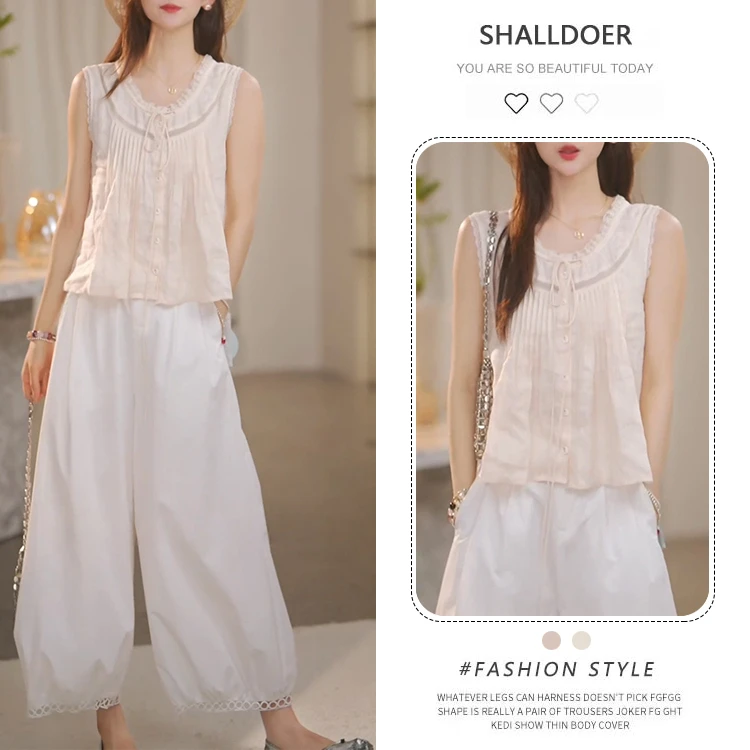 韩系甜美V领无袖背心衬衫女夏季新款蝴蝶结系带宽松小个子上衣潮