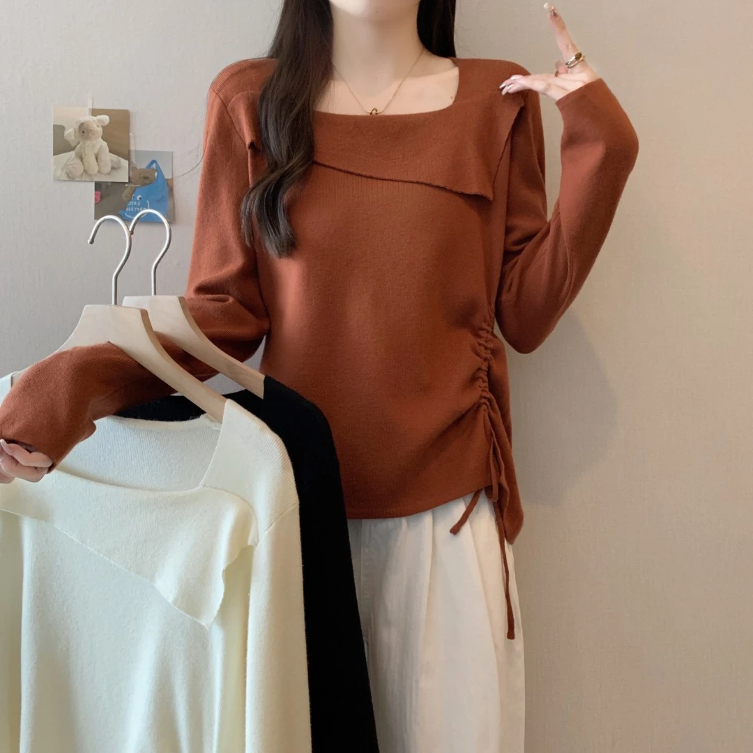 TJ130专享大码MM秋季新款不对称长袖针织衫收腰抽绳毛衣打底上衣