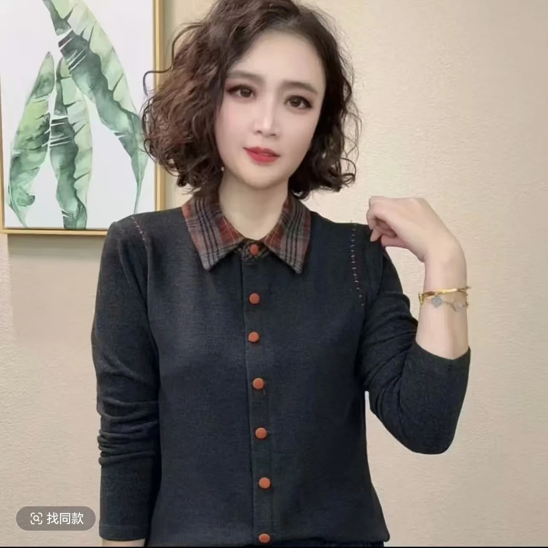 2025T恤秋冬常规拼接打底衫显瘦翻领长袖休闲风保暖百搭