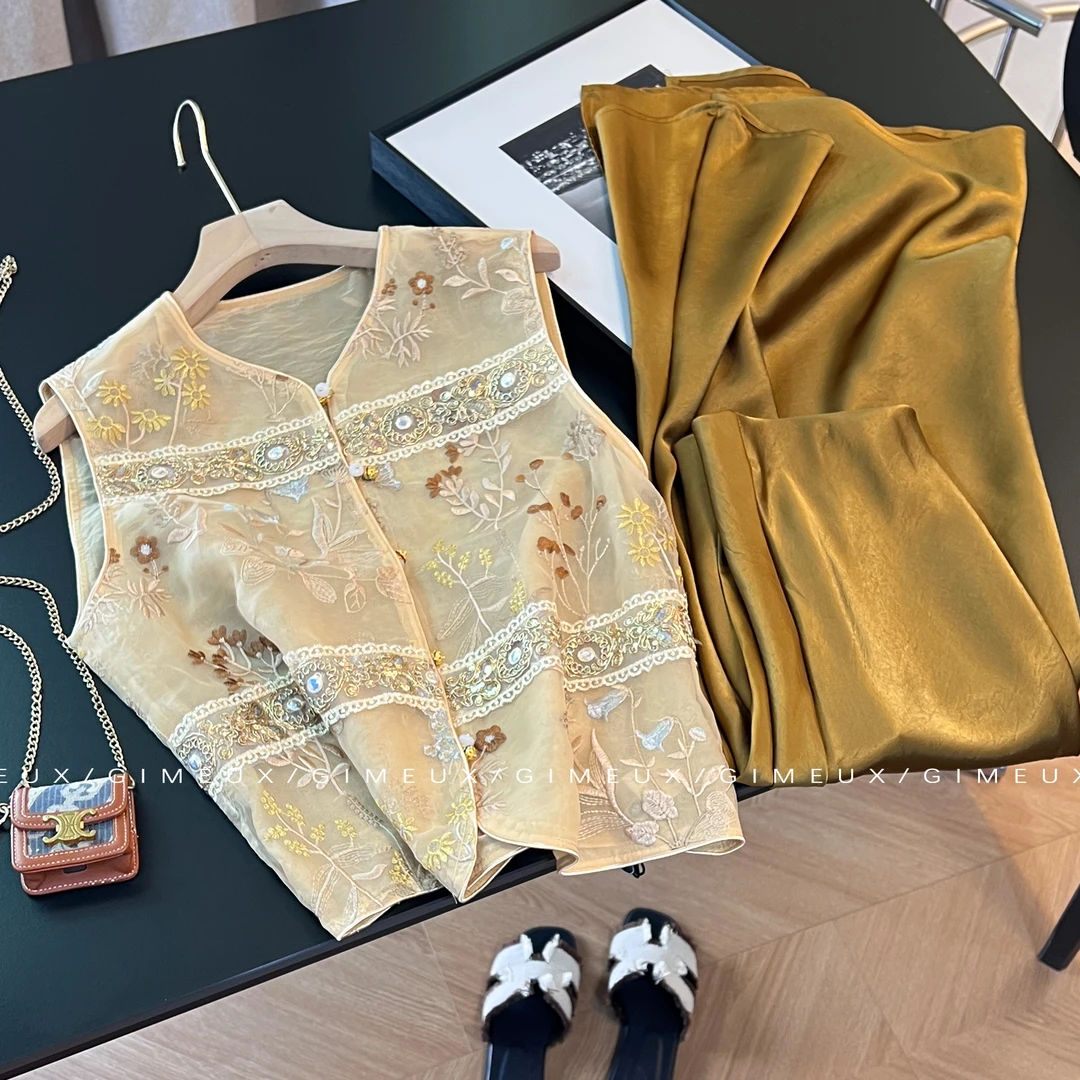 轻国风贵气感御姐风穿搭套装裙女夏2025新款新中式刺绣马甲两件套