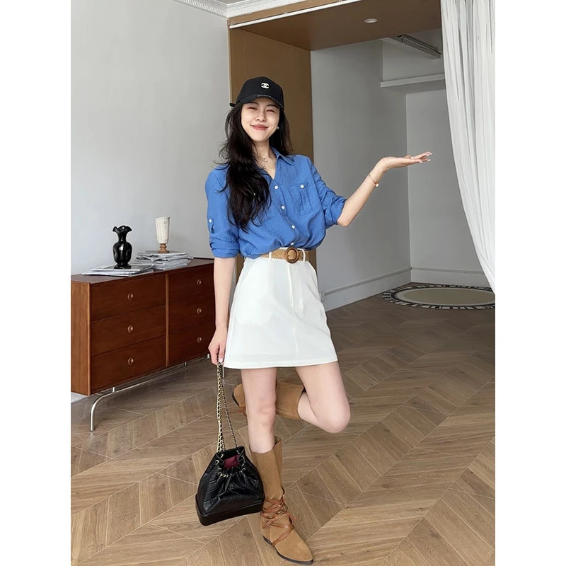 张阿星【微风蓝调】复古老钱亚麻显白蓝衬衫+A字半裙W425A11227
