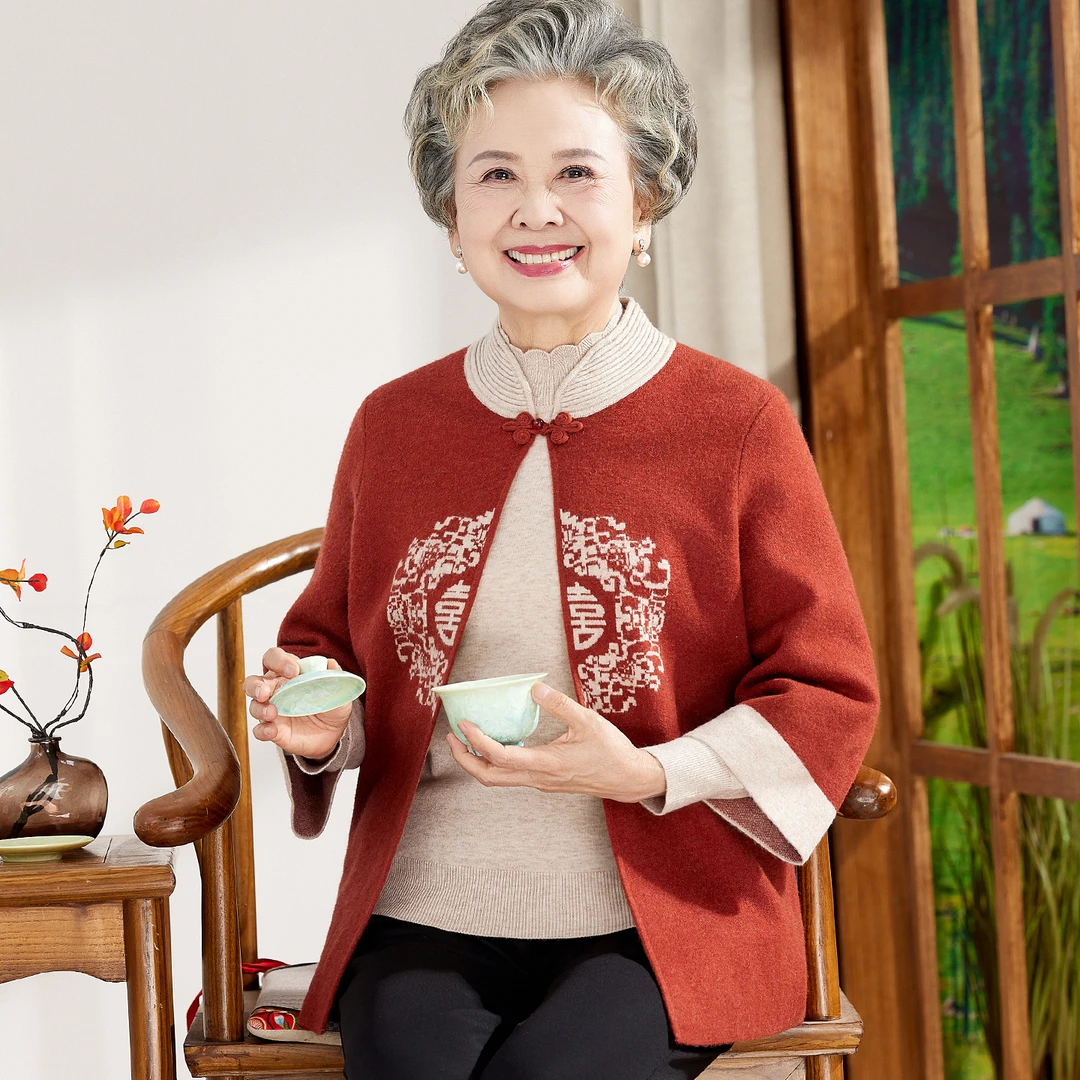 妈妈秋装宽松毛衣外套阔太太唐装中老年女春秋季两件套装婆婆开衫