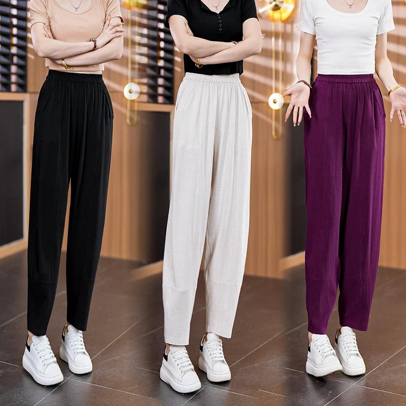 老钱风天丝亚麻夏季薄款女款裤子百搭显瘦哈伦裤萝卜裤大码九分裤