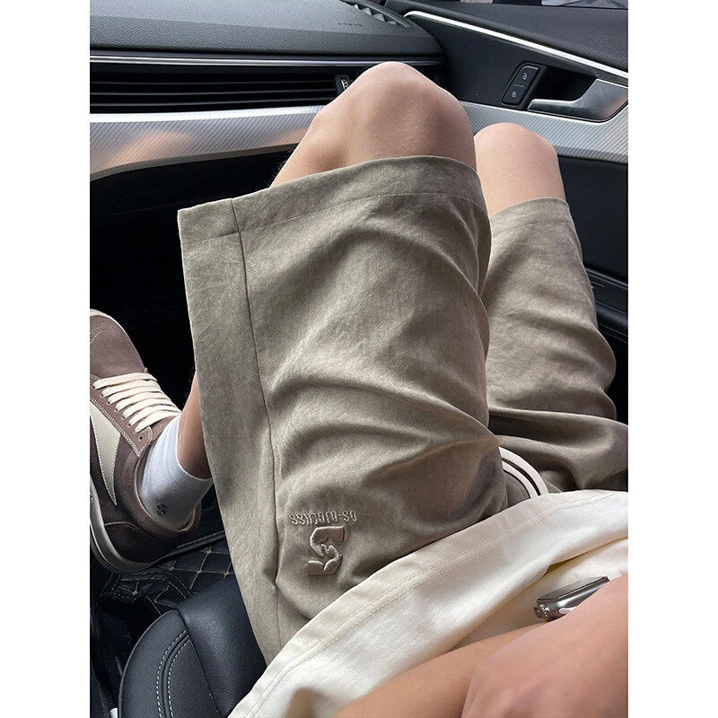 刺绣短裤男夏季2025年美式宽松直筒休闲裤子男冰丝凉感潮牌五