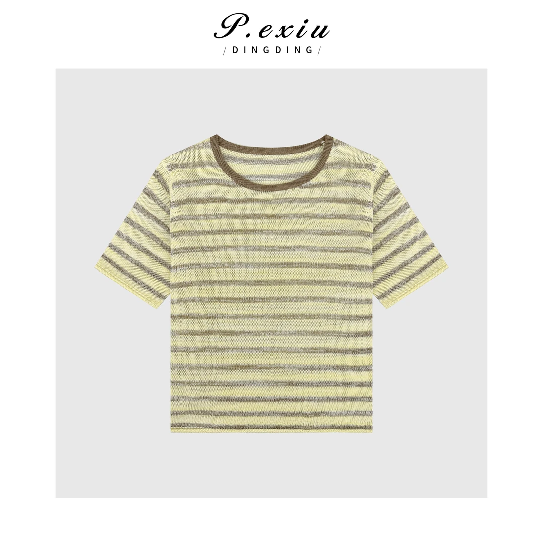 撞色条纹针织短袖上衣Q29911