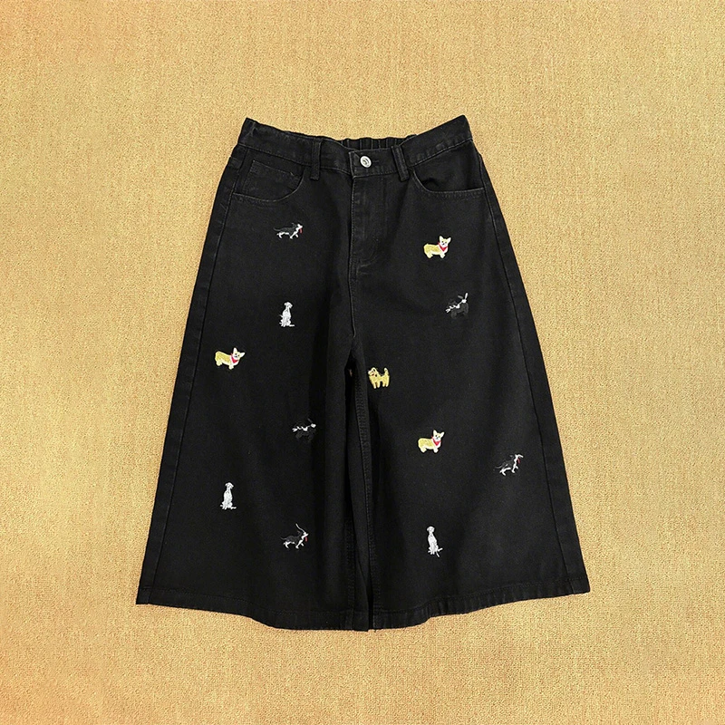 300斤大码胖MM刺绣直筒牛仔短裤女夏季新款宽松显瘦阔腿七分裤子