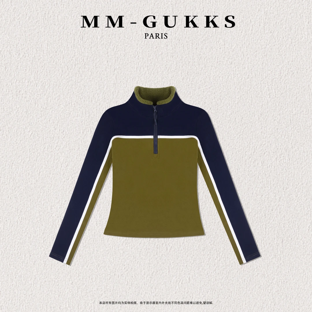 明明GUKKS『航海摇粒』秋冬双拼色绒感加绒加厚半开领时尚长袖卫衣