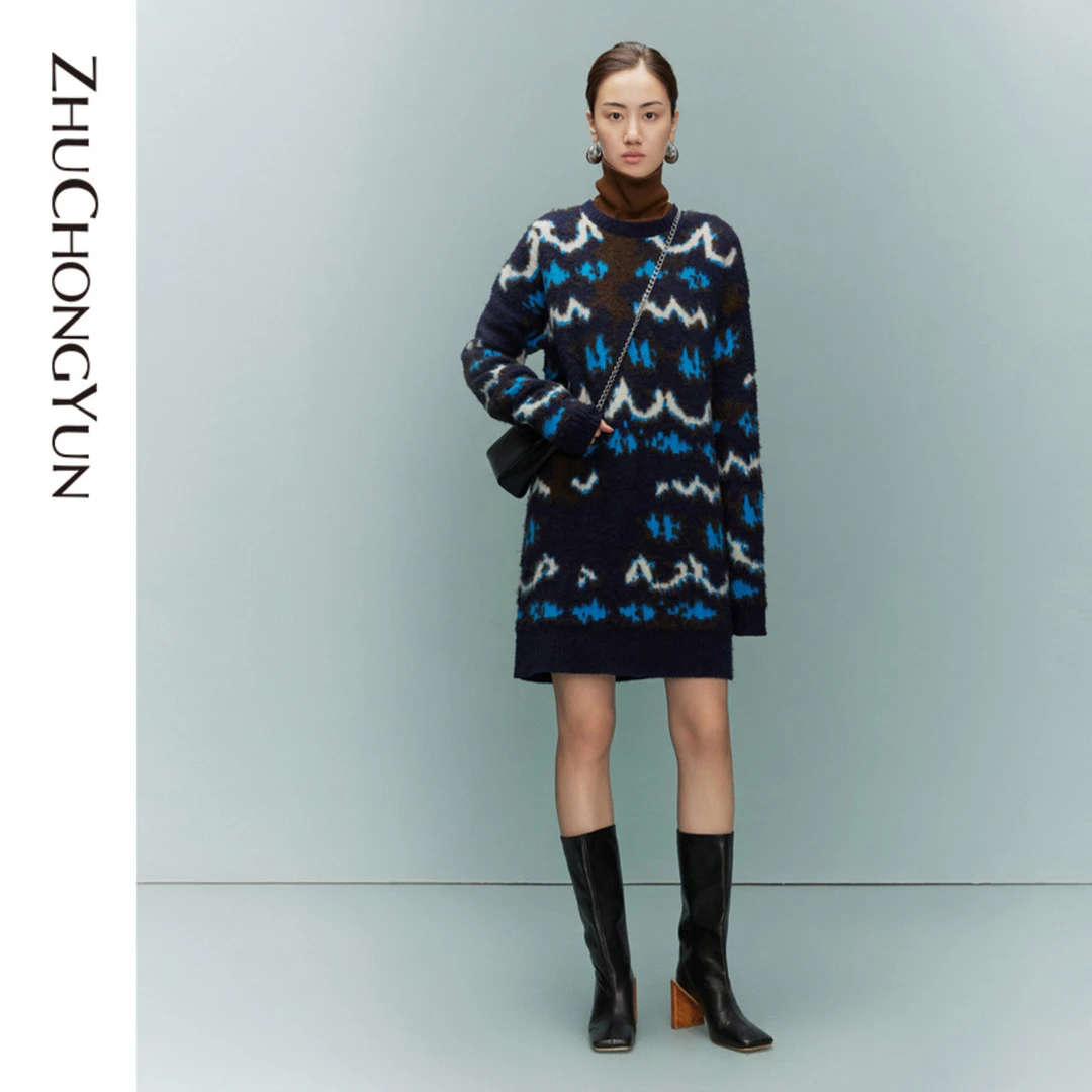 【平子精选】ZHUCHONGYUN【牦牛绒羊毛混纺】通勤时尚拼色嵌花长款针