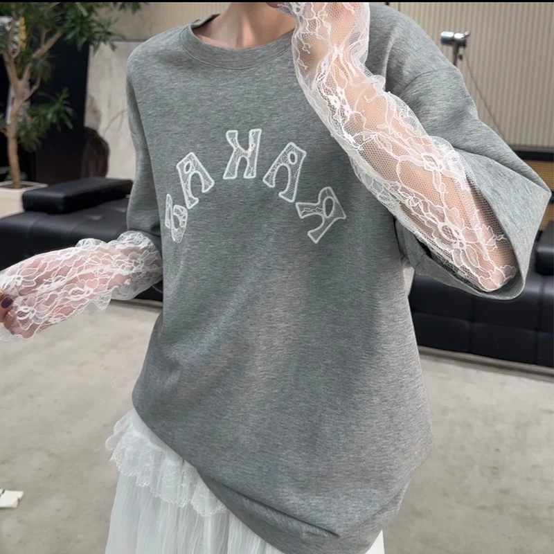 2025春季新款字母假两件字母蕾丝拼接修长袖T恤女百搭时尚设计感