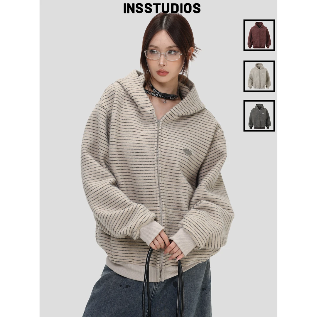 INSstudios国潮情侣美式「绒感条纹连帽卫衣」宽松拉链开衫外套