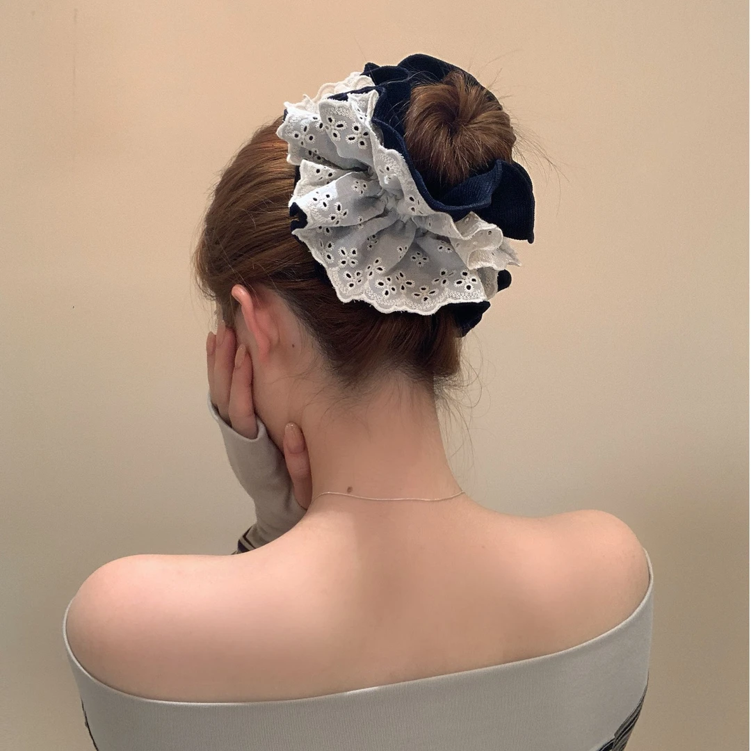 大号双层丝绒蕾丝花边大肠发圈女扎丸子头绳女高级感发饰复古气质