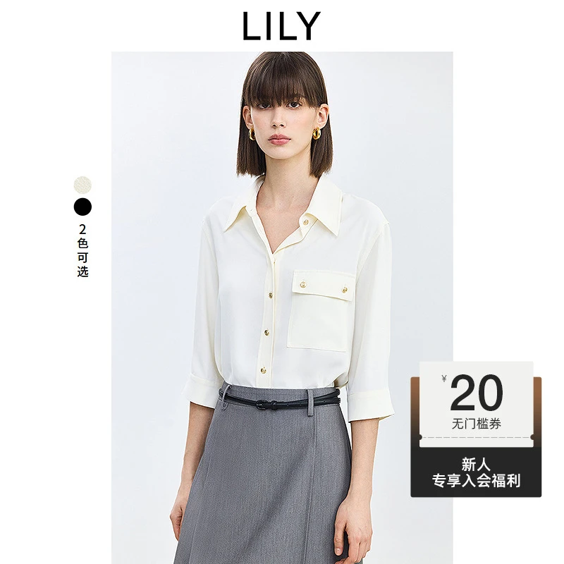 LILY2025春新款女装气质通勤舒适宽松休闲七分袖衬衫125209C4941