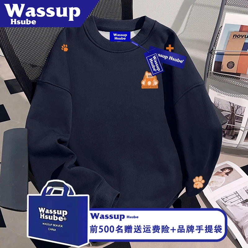WASSUP HSUBE秋冬季男女款美式潮牌藏青上衣趣味猫咪印花情侣卫衣