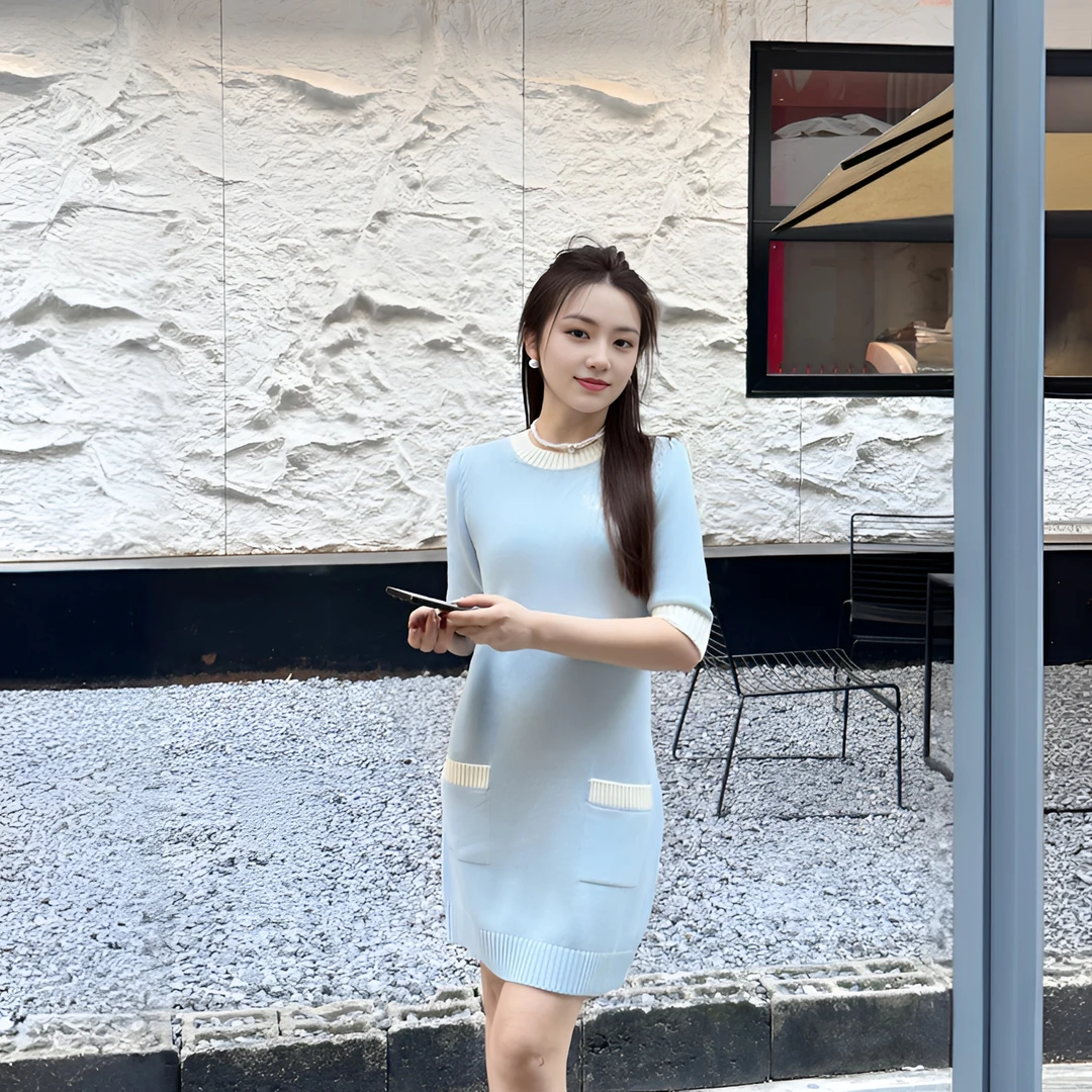 【商场同款新品】bebe包针绣撞边圆领泡泡袖针织连衣裙130902
