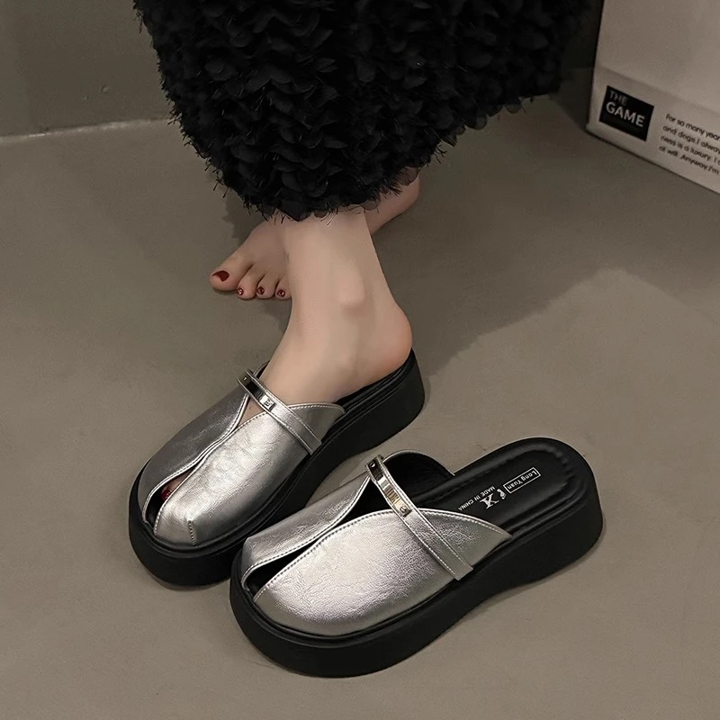 厚底半包头拖鞋女2025新款外穿夏时尚小众设计感一脚蹬软底鱼嘴鞋