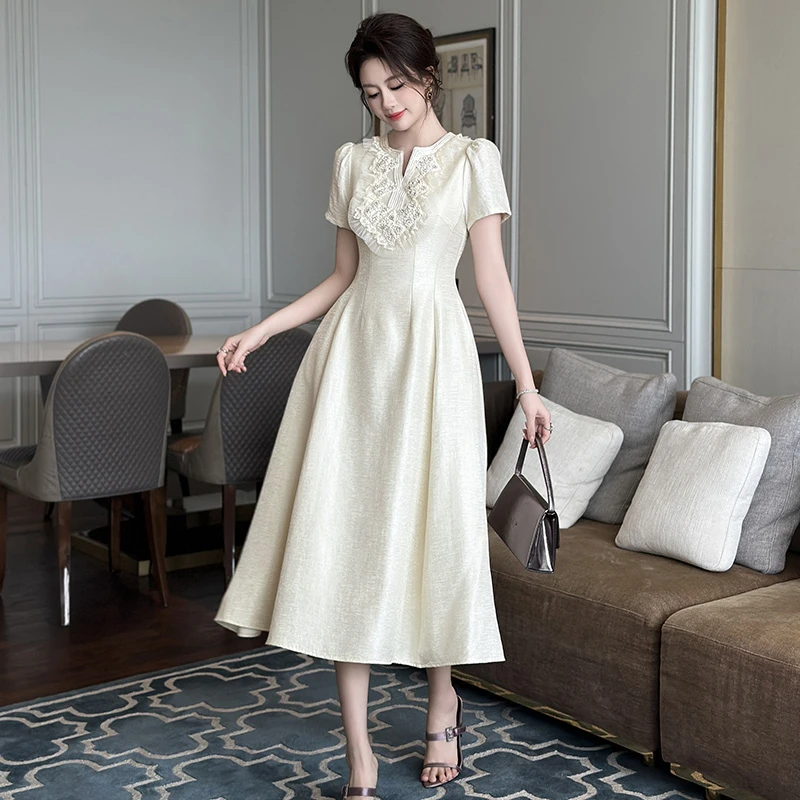 新款白色夏季复古国风法式赫本新中式名媛显瘦气质连衣裙 21724