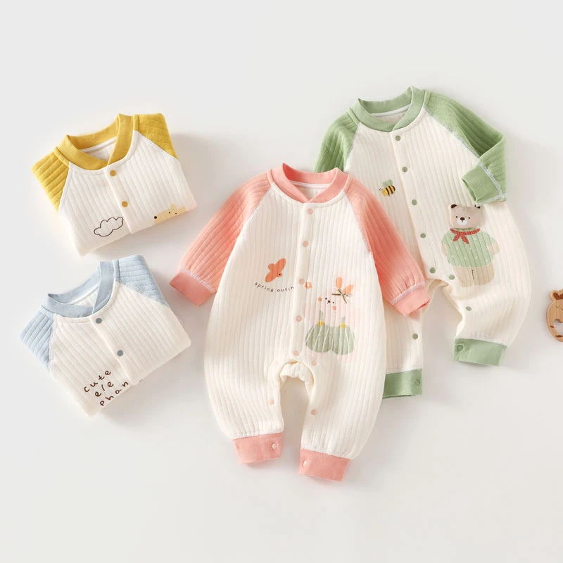 无骨秋冬婴儿连体保暖夹棉中厚新生儿哈衣爬服可爱卡通宝宝外穿春
