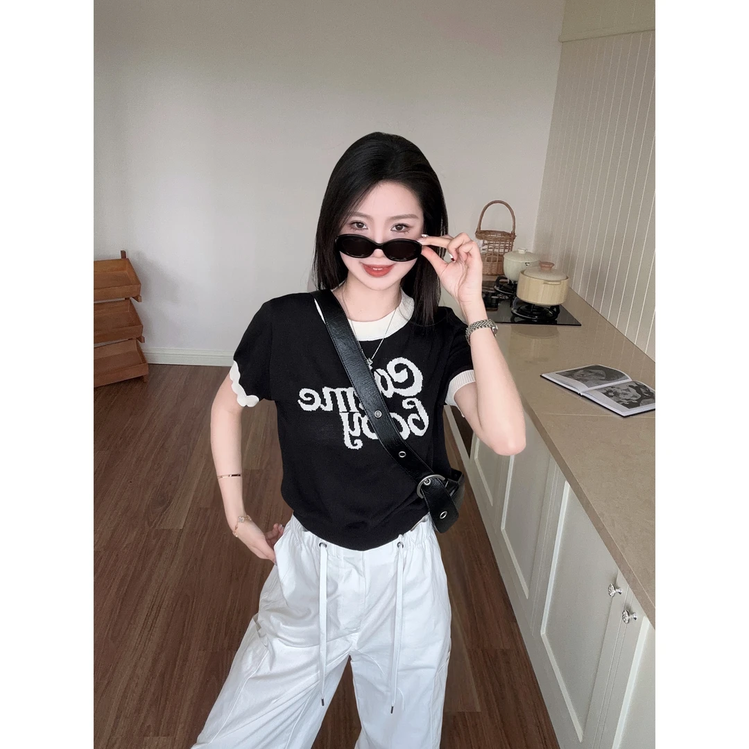 48h 【韩代字母t】加长美式复古正肩字母刺绣短款针织短袖 su111