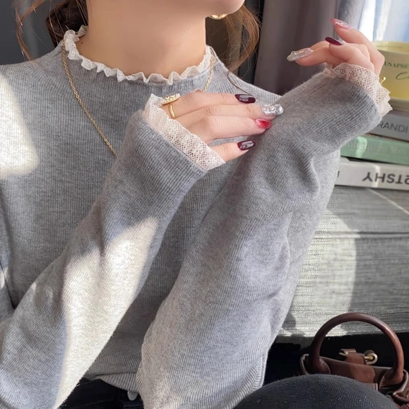 蕾丝半高领针织打底衫女秋冬2025新款高级感毛衣内搭灰色洋气上衣
