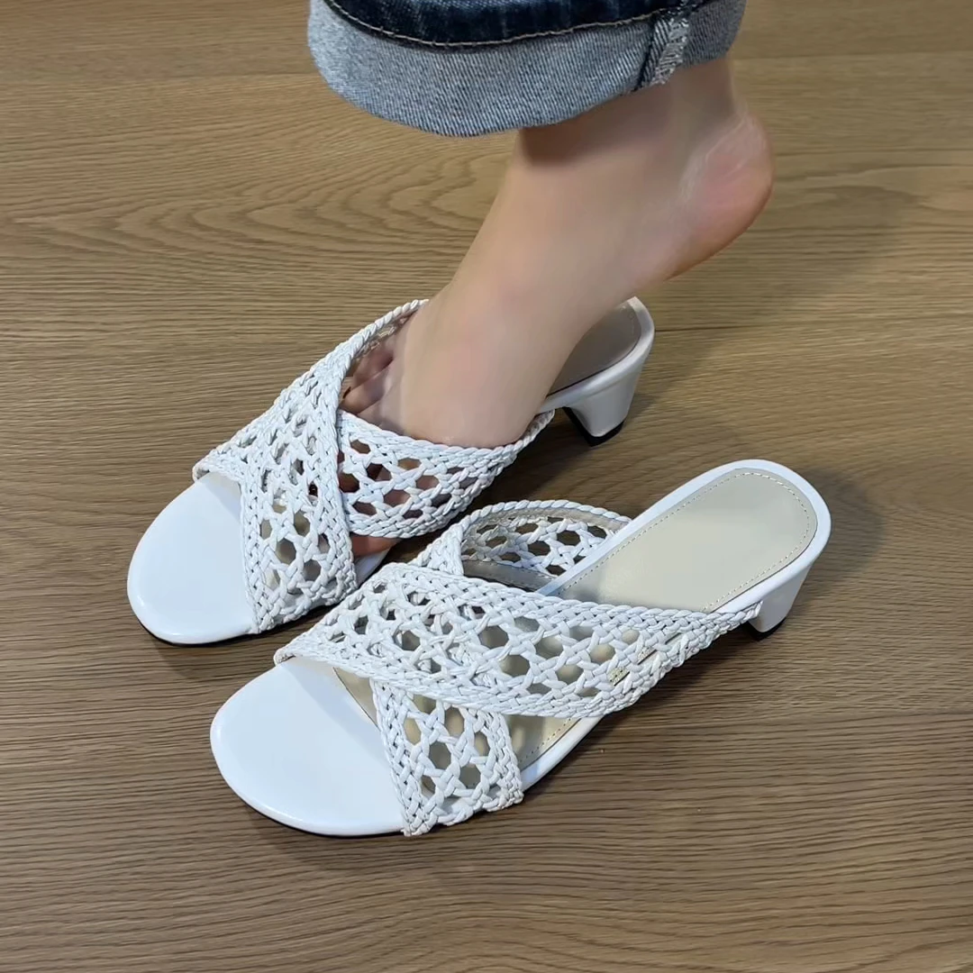 拖鞋2025夏季新款编织镂空简约露趾半拖鞋百搭气质粗跟女款凉鞋